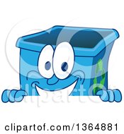Cartoon Blue Recycle Bin Mascot Smiling Over A Sign