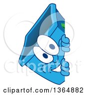 Cartoon Blue Recycle Bin Mascot Smiling Around A Sign