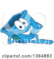 Cartoon Blue Recycle Bin Mascot Resting On His Side