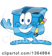 Poster, Art Print Of Cartoon Blue Recycle Bin Mascot Holding A Pencil