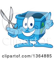 Cartoon Blue Recycle Bin Mascot Holding Up A Finger And Scissors