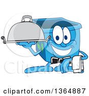 Cartoon Blue Recycle Bin Mascot Waiter Holding A Cloche Platter