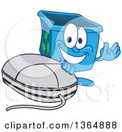 Clipart Of A Cartoon Blue Recycle Bin Mascot Presenting By A Computer Mouse Royalty Free Vector Illustration by Toons4Biz