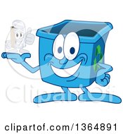 Cartoon Blue Recycle Bin Mascot Holding A Tin Can