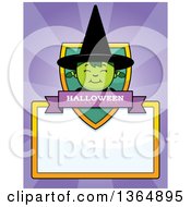 Clipart Of A Green Halloween Witch Girl Shield Over A Blank Sign And Rays Royalty Free Vector Illustration