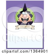 Clipart Of A Chubby Halloween Witch Woman Page Design With Text Space On Purple Royalty Free Vector Illustration