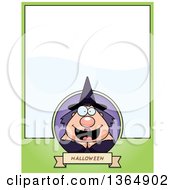 Clipart Of A Chubby Halloween Witch Woman Page Design With Text Space On Green Royalty Free Vector Illustration