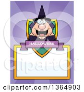 Clipart Of A Chubby Halloween Witch Woman Shield Over A Blank Sign And Rays Royalty Free Vector Illustration