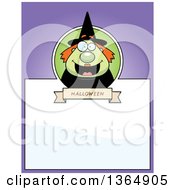 Clipart Of A Green Halloween Witch Woman Page Design With Text Space On Purple Royalty Free Vector Illustration