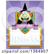 Clipart Of A Green Halloween Witch Woman Shield Over A Blank Sign And Rays Royalty Free Vector Illustration