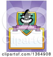 Clipart Of A Grinning Black Halloween Witch Cat Shield Over A Blank Sign And Rays Royalty Free Vector Illustration