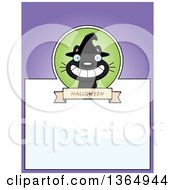 Clipart Of A Grinning Black Halloween Witch Cat Page Design With Text Space On Purple Royalty Free Vector Illustration