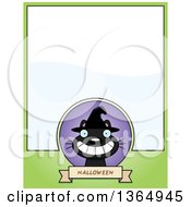 Clipart Of A Grinning Black Halloween Witch Cat Page Design With Text Space On Green Royalty Free Vector Illustration