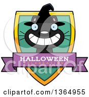 Clipart Of A Grinning Black Halloween Witch Cat Halloween Celebration Shield Royalty Free Vector Illustration
