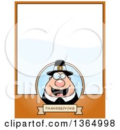 Clipart Of A Chubby Thanksgiving Pilgrim Man Page Design With Text Space On Orange Royalty Free Vector Illustration