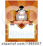 Poster, Art Print Of Grinning Male Thanksgiving Pilgrim Shield Over A Blank Sign And Rays