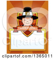 Poster, Art Print Of Happy Thanksgiving Pilgrim Boy Shield Over A Blank Sign And Rays