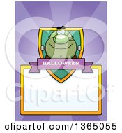 Clipart Of A Halloween Frankenstein Shield Over A Blank Sign And Rays Royalty Free Vector Illustration