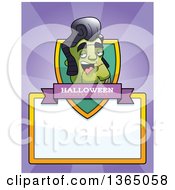 Clipart Of A Halloween Frankenstein Singer Shield Over A Blank Sign And Rays Royalty Free Vector Illustration