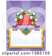Clipart Of A Red Spotted Halloween Monster Shield Over A Blank Sign And Rays Royalty Free Vector Illustration
