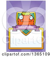 Clipart Of A Green And Orange Halloween Monster Shield Over A Blank Sign And Rays Royalty Free Vector Illustration