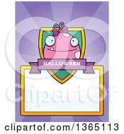 Clipart Of A Pink Girly Halloween Monster Shield Over A Blank Sign And Rays Royalty Free Vector Illustration