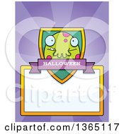 Clipart Of A Green Spotted Halloween Monster Shield Over A Blank Sign And Rays Royalty Free Vector Illustration