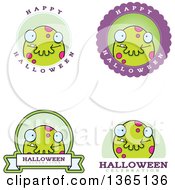 Clipart Of Green Spotted Halloween Monster Badges Royalty Free Vector Illustration