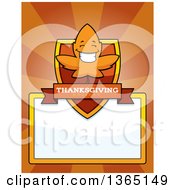 Poster, Art Print Of Fall Autumn Leaf Character Shield Over A Blank Sign And Rays