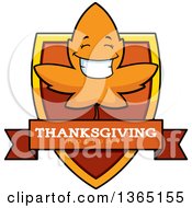 Clipart Of A Fall Autumn Leaf Character Thanksgiving Holiday Shield Royalty Free Vector Illustration
