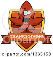 Clipart Of A Red Fall Autumn Leaf Character Thanksgiving Holiday Shield Royalty Free Vector Illustration