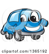 Poster, Art Print Of Happy Blue Car Mascot Searching With A Magnifying Glass