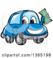 Poster, Art Print Of Happy Blue Car Mascot Holding Up Cash Money