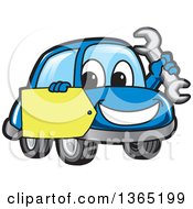 Poster, Art Print Of Happy Blue Car Mascot Holding A Wrench And A Tag