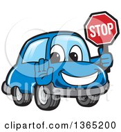 Poster, Art Print Of Happy Blue Car Mascot Gesturing And Holding A Stop Sign
