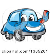 Poster, Art Print Of Happy Blue Car Mascot Holding And Pointing To A Phone