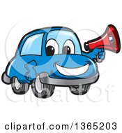 Poster, Art Print Of Happy Blue Car Mascot Holding A Megaphone