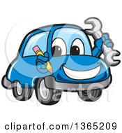 Poster, Art Print Of Happy Blue Car Mascot Holding A Wrench And Pencil