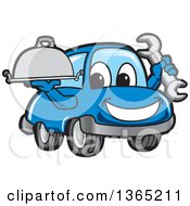 Poster, Art Print Of Happy Blue Car Mascot Holding A Wrench And Cloche Platter