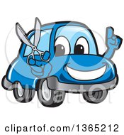 Poster, Art Print Of Happy Blue Car Mascot Holding Up A Finger And Scissors