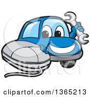 Poster, Art Print Of Happy Blue Car Mascot Holding A Wrench By A Computer Mouse