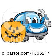 Poster, Art Print Of Happy Blue Car Mascot Holding A Wrench By A Halloween Jackolantern Pumpkin