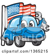 Poster, Art Print Of Happy Blue Car Mascot Holding A Wrench And Giving A Thumb Up By An American Flag