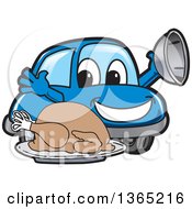 Poster, Art Print Of Happy Blue Car Mascot Serving A Roasted Thanksgiving Turkey