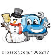Poster, Art Print Of Happy Blue Car Mascot Holding A Wrench By A Christmas Snowman