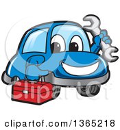 Poster, Art Print Of Happy Blue Car Mascot Holding A Wrench And Tool Box