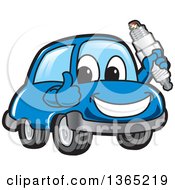 Clipart Of A Happy Blue Car Mascot Giving A Thumb Up And Holding A Spark Plug Royalty Free Vector Illustration