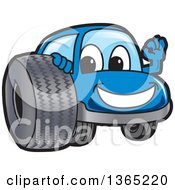 Poster, Art Print Of Happy Blue Car Mascot Gesturing Ok By A Tire