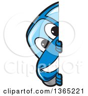 Poster, Art Print Of Happy Blue Car Mascot Smiling Around A Sign