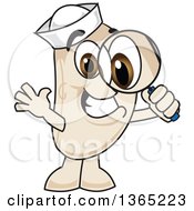 Clipart Of A Navy Bean Mascot Character Looking Through A Magnifying Glass Royalty Free Vector Illustration